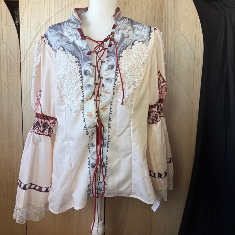 Vintage Renaissance Lace Up Blouse Women XXL Pink Victorian Bell Sleeve Pirate